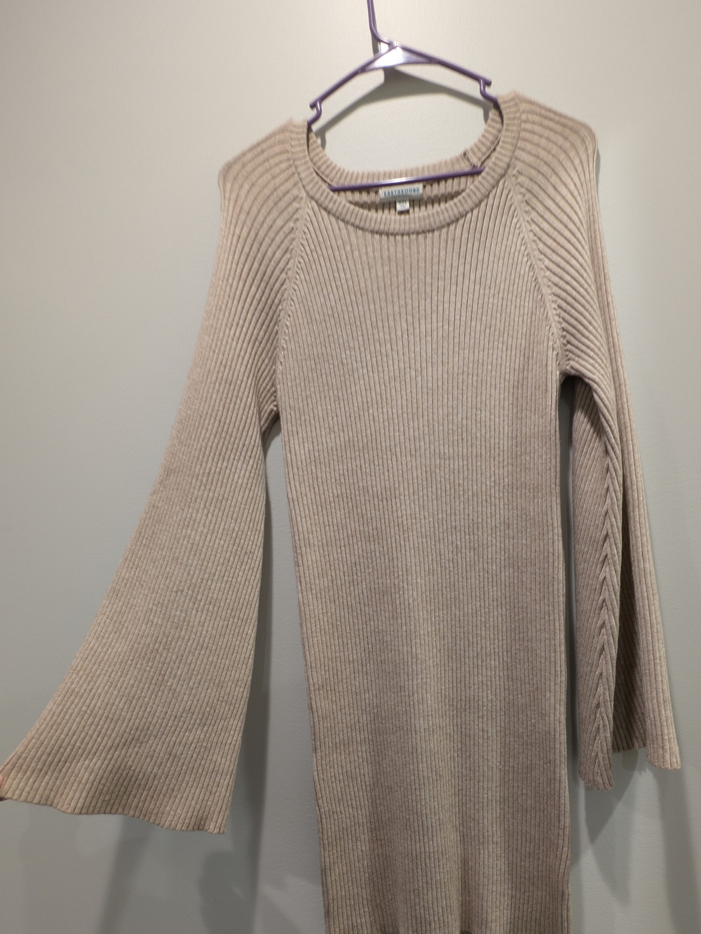 Bell-Sleeve Ribbed Sweater Dress in Cream